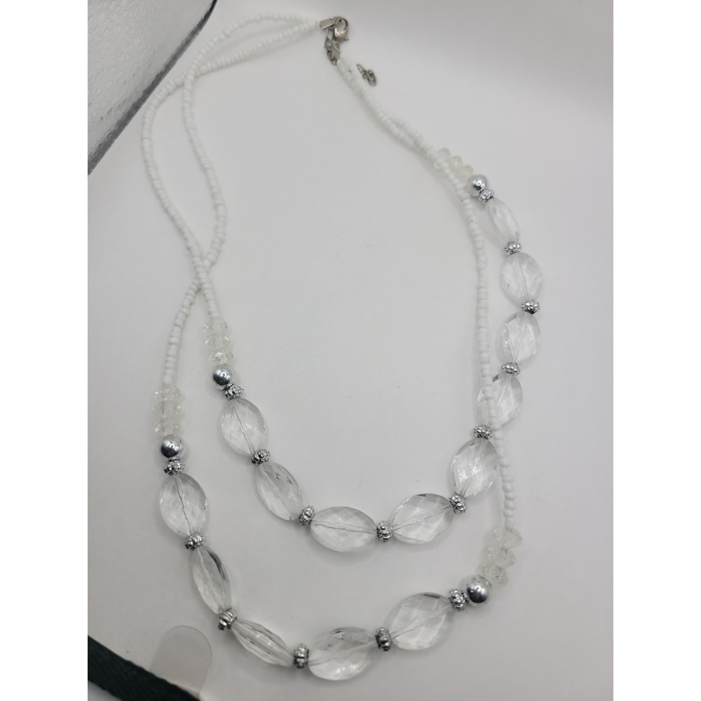 White Clear Double Strand Beaded Necklace Faceted Oval Silver Tone Statement - Picture 4 of 9